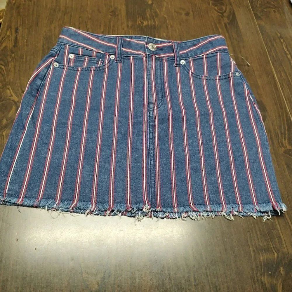 New American Eagle Blue Red White Striped Hi Rise Jean Mini Skirt Size Women's 4
